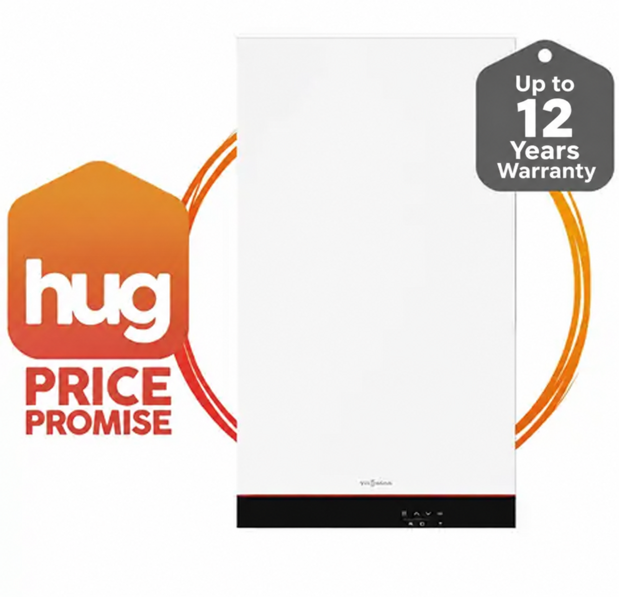 HUG Price Promise boiler with Up to 12 Years Warranty badge